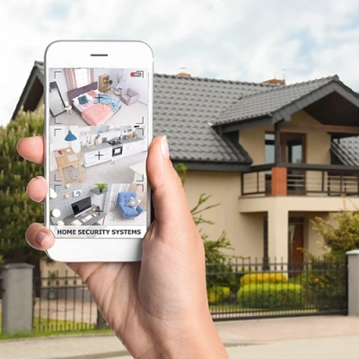 Augusta vivint phone display of cctv live feed in front of a house